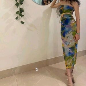 Zara Strapless Dress with Blue, Green, and Yellow Hues